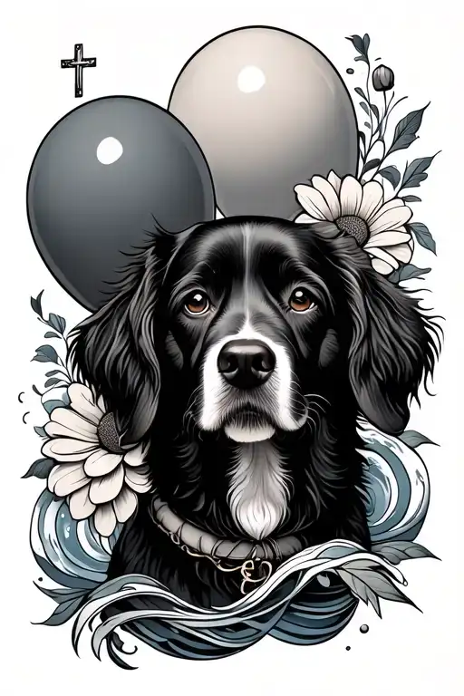 dog, flower, balloon, sea waves, cross intertwined tattoo design idea