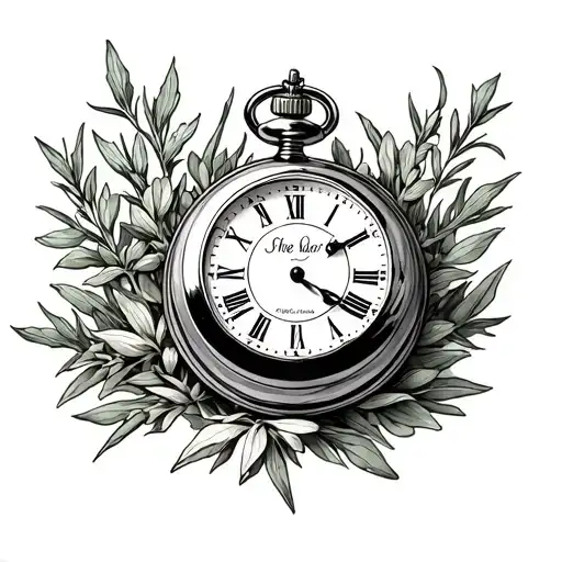 The word flor in tangled stone in rosemary and an open pocket watch tattoo design idea