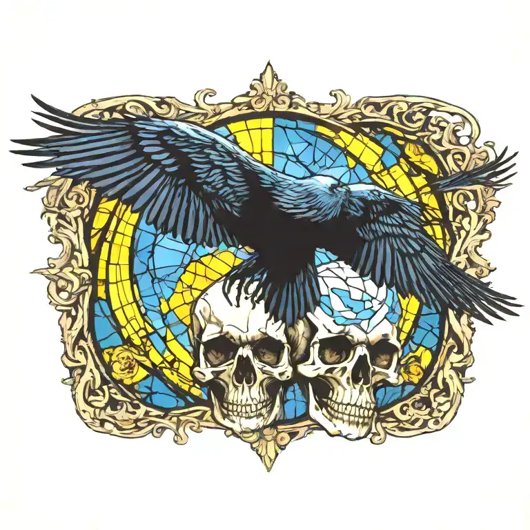 raven flying over skull with stained glass background yellow and blue tattoo design idea