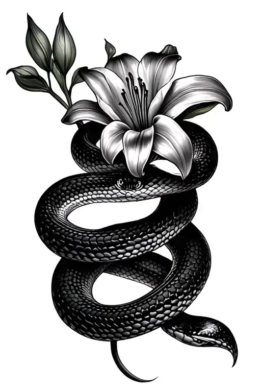snake wrapped around lily drawing tattoo design idea