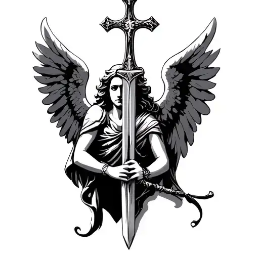 guard angel in the form of a cross holding a sword  tattoo design idea