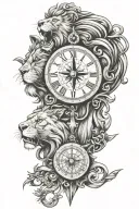 clock compass lion tattoo design idea