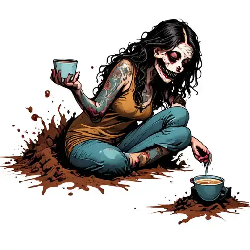 zombie girl coming out of the ground with coffee in hand tattoo design idea