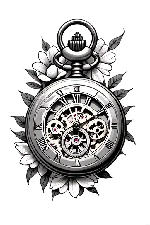 pocket watch with gears inside the middle with flowers around it tattoo design idea