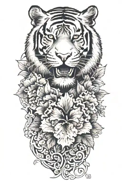 korean traditional pattern in the background, multiple hibiscus in the bottom horizontally, and tiger on the top tattoo design idea