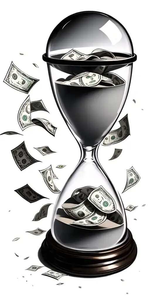 sand glass with money falling over time piece tattoo design idea