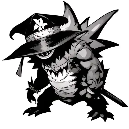 I want Gengar as the main one with Luffy's hat, Zoro's dark sword and Asta's 5-leaf grimoire tattoo design idea