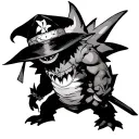 I want Gengar as the main one with Luffy's hat, Zoro's dark sword and Asta's 5-leaf grimoire tattoo design idea