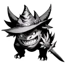 I want Gengar as the main one with Luffy's hat, Zoro's dark sword and Asta's 5-leaf grimoire tattoo design idea