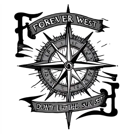 compass pointed west WITH "FOREVER WEST" ABOVE IT ANAND "DON'T LET THE SUN SET" BELOW tattoo design idea