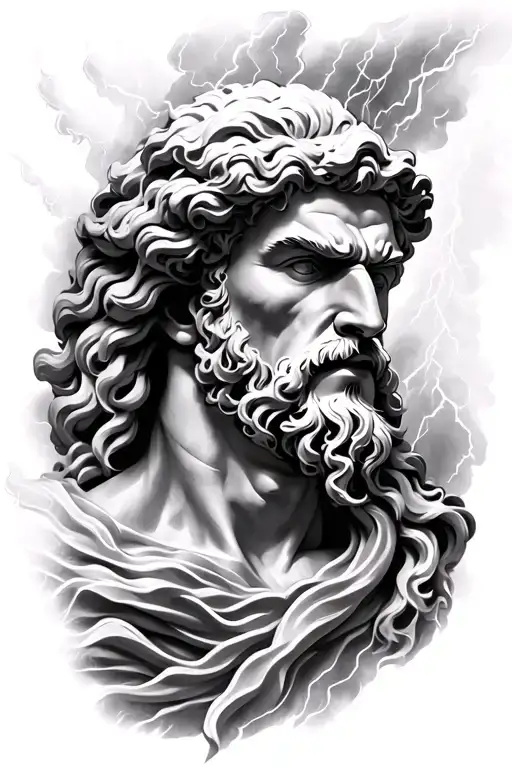 agresive Zeus realistic face with thunder tattoo design idea