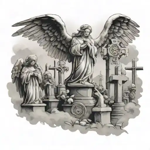 multiple angel graveyard looking up praying in front of crosses  tattoo design idea