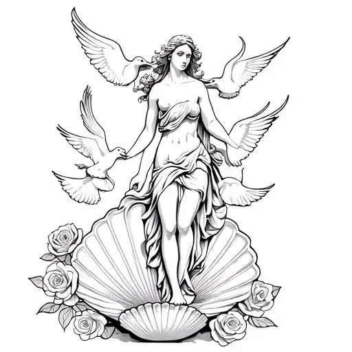 Statue of Greek goddess Aphrodite coming out of seashell surrounded by roses and doves tattoo design idea