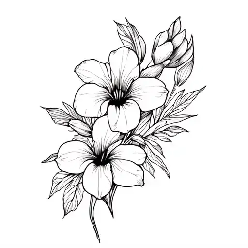 black thin tattoo with a bouquet of tulips, hibiscus, cattleya orchids, and verdecora orchids  tattoo design idea