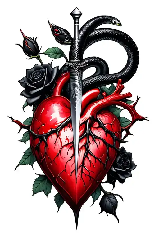 Dagger piercing a realistic bleeding heart ensnared by black roses with thorns. Add a black mamba serpent tattoo design idea