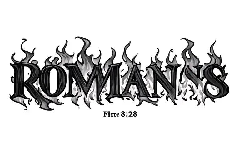 Romans 8:28 in fire flames surrounding tattoo design idea