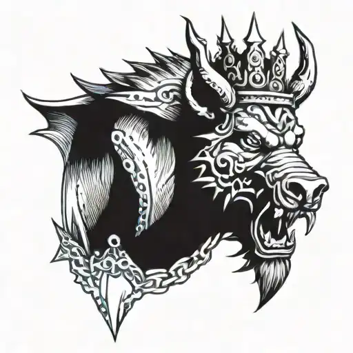 angry boar head on chained armor wearing a crown with blue eyes tattoo design idea