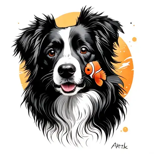 out line of floppy border collie ears with Nemo in face spot tattoo design idea