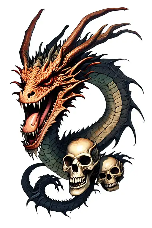 undead dragon and skulls representing dark periods tattoo design idea