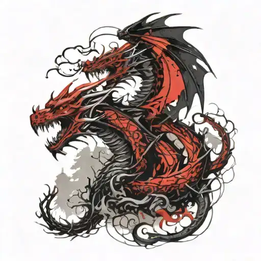 three headed dragon with wings against the backdrop of a misty forest on a mountain slope tattoo design idea