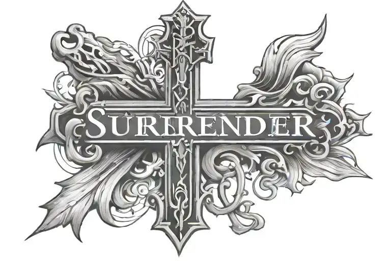 the word Surrender with a cross next to it  tattoo design idea
