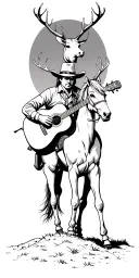 Scenic backround, Wild West Outlaw playing guitar leaning against horse, deer antlers silhouette in sky at the top tattoo design idea