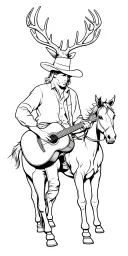 Scenic backround, Wild West Outlaw playing guitar leaning against horse, deer antlers silhouette in sky at the top tattoo design idea