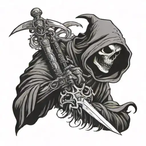Grim reaper stabbing a sword through a nunes head and the bible she is holding tattoo design idea