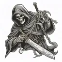 Grim reaper stabbing a sword through a nunes head and the bible she is holding tattoo design idea