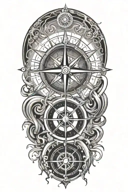 A stylized sun and compass merging together, surrounded by flowing water patterns, symbolizing the client's love for the ocean and navigation tattoo design idea
