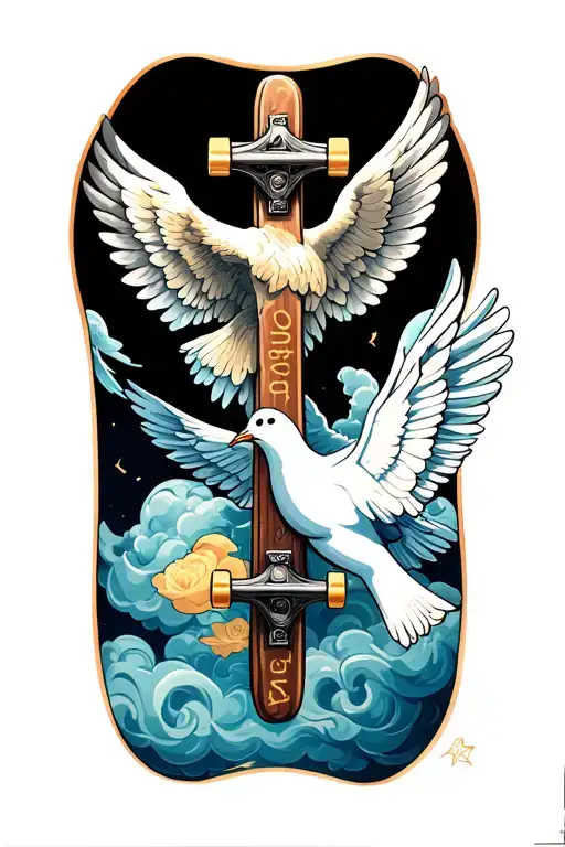 name and date place clouds a cross a skateboard a dove and angel wings  tattoo design idea