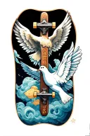 name and date place clouds a cross a skateboard a dove and angel wings  tattoo design idea