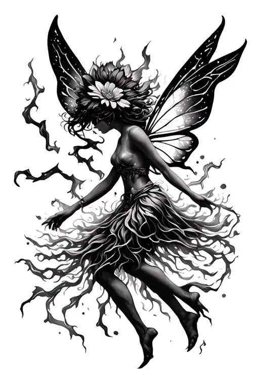 a fairy made of chaos, the symbol of chaos tattoo on their arm, playing with flaming strands of lightning, flower crown tattoo design idea