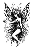 a fairy made of chaos, the symbol of chaos tattoo on their arm, playing with flaming strands of lightning, flower crown tattoo design idea