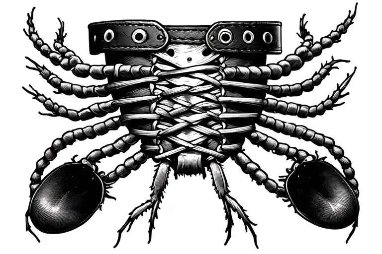 tattoo, blackwork, 12×7 cm, leather on chest tied with laces, from eyelets, random lacing, centipedes instead of laces tattoo design idea