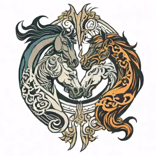 two horse heads inside a horseshoe surrounded tattoo design idea