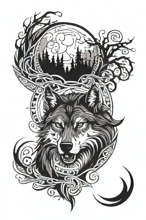 Full arm sleeve. Wolf howling at the moon on upper arm to shoulder. Lower arm to wrist have vines wrapping around . Nati tattoo design idea