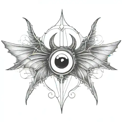 seraphim, 6 large bat wings, large demon eye in the centre, gothic tattoo design idea