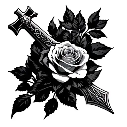 rose with Scottish claymore and cross tattoo design idea