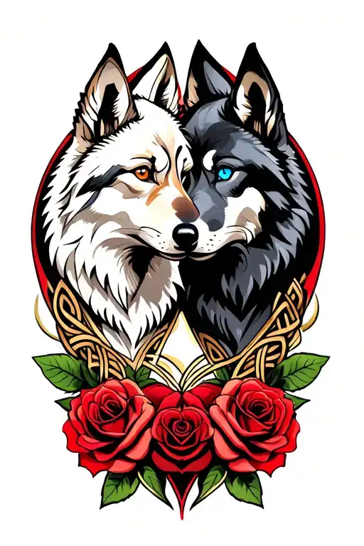 two wolves one white with brown eyes the other black with blue eyes on shape of heart with Celtic designs and red roses tattoo design idea