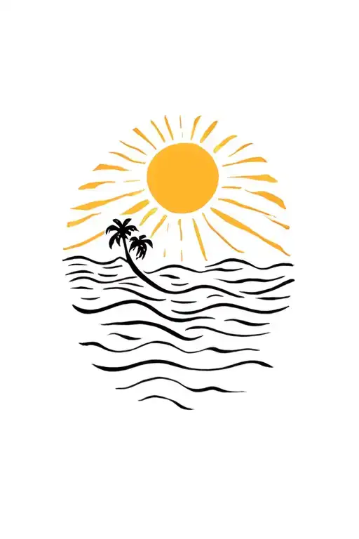 Sun with waves and palm tree silhouette tattoo design idea