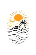 Sun with waves and palm tree silhouette tattoo design idea
