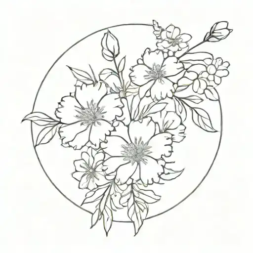flower bouquet. fine line. flowers are carnations, marigolds, larkspur and narcissus tattoo design idea