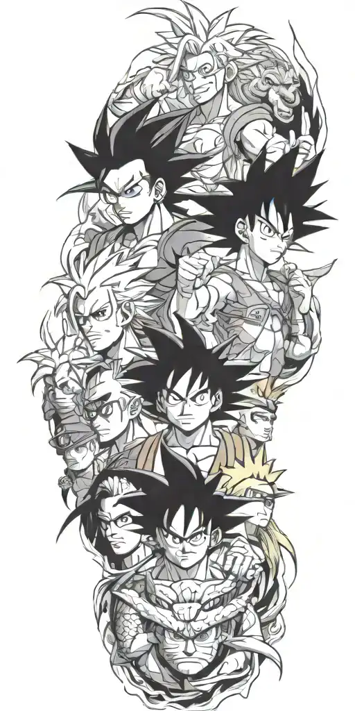Straw Hat Pirates, Goku, Vegeta, Super Saiyan 2 Teen Gohan, Naruto, Kurama, and Ichigo tattoo design idea