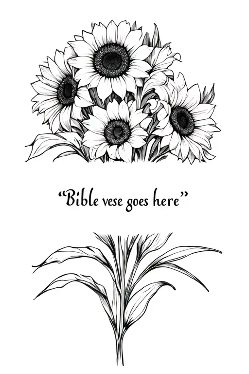 "Bible verse goes here " "Bible verse goes here " gladiolus and sunflowers emerging tattoo design idea