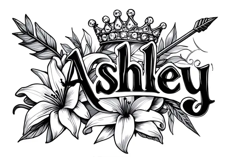 the name Ashley with a jeweled crown, arrow, and starburst lillies tattoo design idea