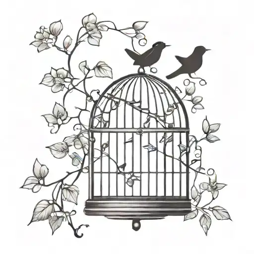 a bird cage with wisteria flowers and ivy vines tattoo design idea