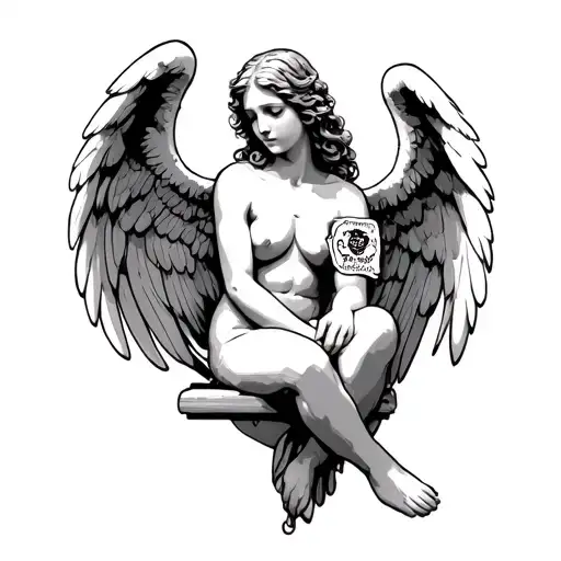 an angel sitting on an engraved name on the arm with a patch tattoo design idea