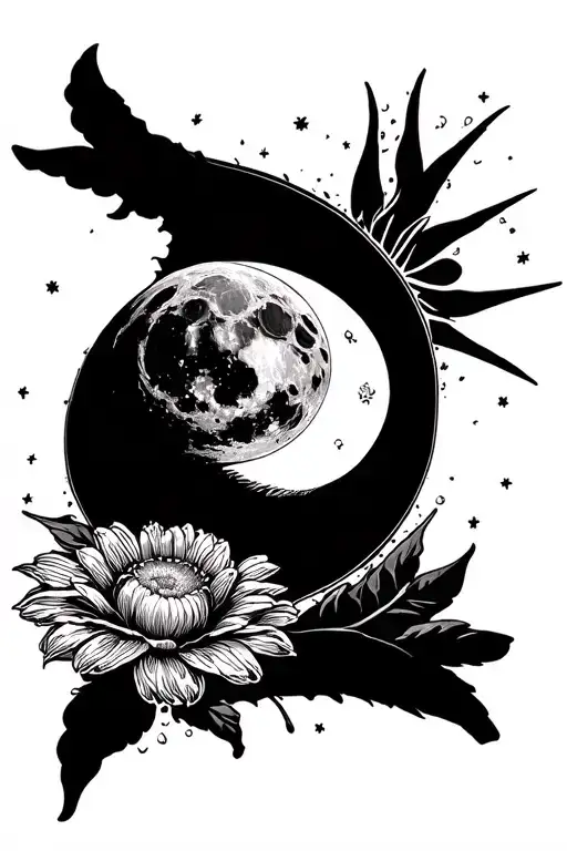 waning moon merging with the sun at 2.09pm with asther flower tattoo design idea