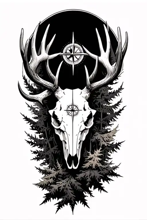 hunting, compass, forest, elk skull tattoo design idea